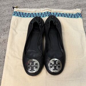 Tory Burch Black Miller Leather Flats with Silver Emblem